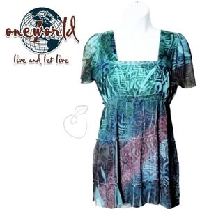 ONE WORLD BATIK PRINT TOP, GATHERED EMPIRE WAIST *BLUE, GREEN, PURPLE *BOHEMIAN